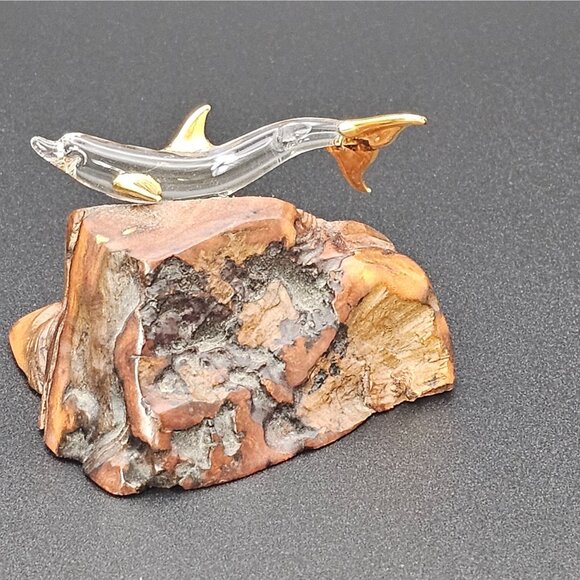 Raw Natural Wood Clear Glass Dolphin Figurine GoldTone Tip Finish 1.5" VTG Décor - Picture 6 of 16
